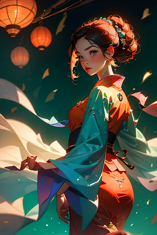 A captivating image of a woman in a kimono, dancing elegantly during the fall season. The kimono is meticulously crafted with waves and layers of fabric, adding a sense of movement and depth that perfectly embodies the rhythm of her dance. This masterpiece, created by a renowned Japanese artist, is showcased on ArtStation in the highest quality, with an 8k resolution and extremely detailed ornamentation. The cinematic lighting bathes the scene in warm hues, creating a vibrant and rich atmosphere. Rim lighting highlights the woman's silhouette, adding depth and texture to the already intricate design of her kimono, making this a truly stunning and imm