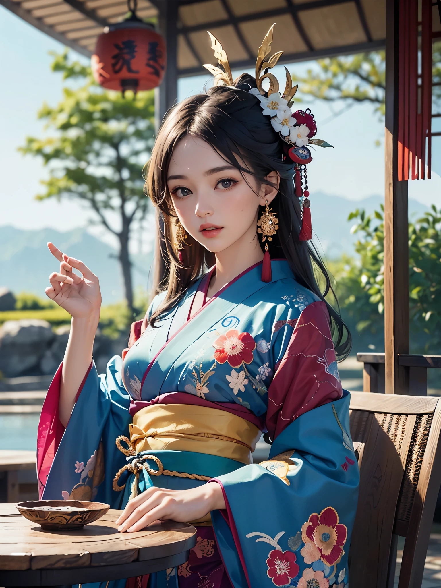 (table top, highest qualityの, highest quality, official art, beautiful and aesthetic:1.2), (1 girl),elaborate costumes(luxurious japanese kimono(colorful kimono(fine embroidery))), very detailed,(fractal art),colorful,best details