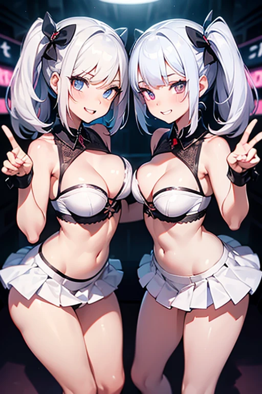 (masterpiece), best quality, (SHARP details), expressive eyes,  girl, white hair, ((prostitute clothes)), medium breasts, SHARP detail expressive eyes, (SHARP detail perfect face), (slutty expression), ((two girls)), (((twins))), 4k, micro skirt, underwear peek, (bimbo), outdoors, nightclub, neon lights, (grinning), looking at viewer, jewelery, underwear,