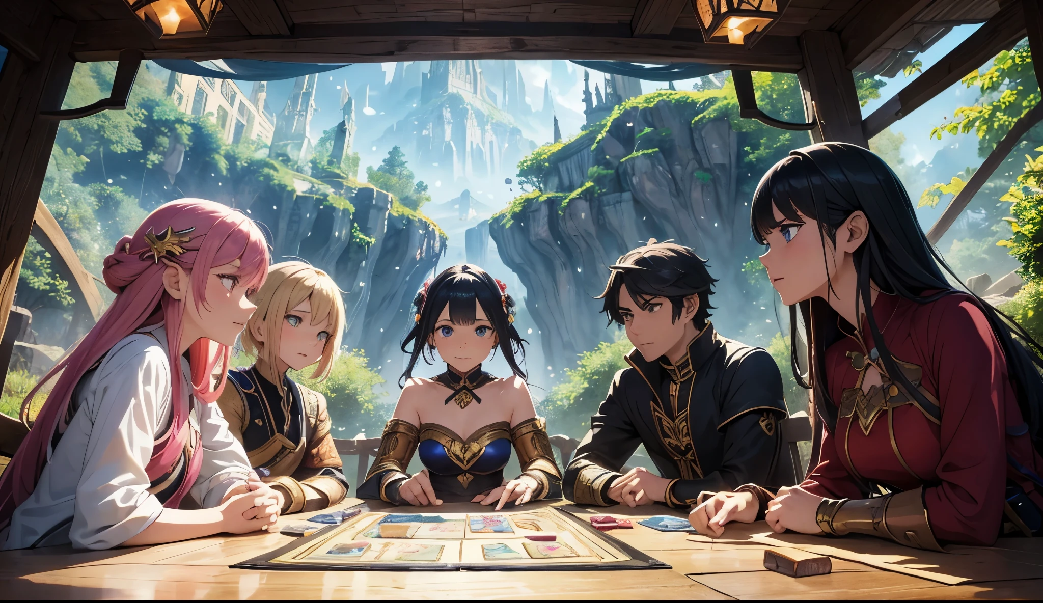 anime style, 4 playing a D&D style board game (best quality,4k,8k,High,masterpiece:1.2),ultra-detailed,(realistic,photorealistic,photorealistic:1.37),vivid colors,(Portraits: 1.1),(conceptual artists:1.1),bright colors,dynamic lighting,imaginative composition,whimsical characters,happy atmosphere,fantasy setting,exciting poses,magical creatures,unique character designs,Detailed background,beautifully illustrated,Detailed anime eyes ,bright anime hair,expressive facial expressions,wonderful costumes,colorful dice,elaborate board game,old dusty wooden table,tattered rulebook,fantasy miniatures,rolling says,animated game actions,engaging narrative,Enchanted World,emotion and suspense, action-packed scenes, team cooperation and friendship, Creativity and Imagination, Fantasy adventures, bright and charming illustrations, depth and richness in colors, intricate details in the game pieces, behind-the-scenes stories of imaginative characters, joyful movements and energetic, sparkling spell effects, comic book style speech bubbles, magical aura around the game, sparkling gems and treasures, dynamic camera angles, shadows and highlights, exaggerated proportions, positive and upbeat tone, surrounded by fantasy landscapes, expressions and enthusiastic gestures, action figures and figurines, illustrations with a touch of whimsy, colorful fantasy maps, floating islands and magical floating objects, mystical creatures and legendary beasts, fantasy armor and weapons, playful magical creatures, emotions and camaraderie in character interactions ,Enchanted forest and mysterious caves,animated spells and special abilities,heroes and heroines in epic battles and missions,unique character classes and abilities,emotion and expectation for the outcome of the game,immersive narrative through visual cues.