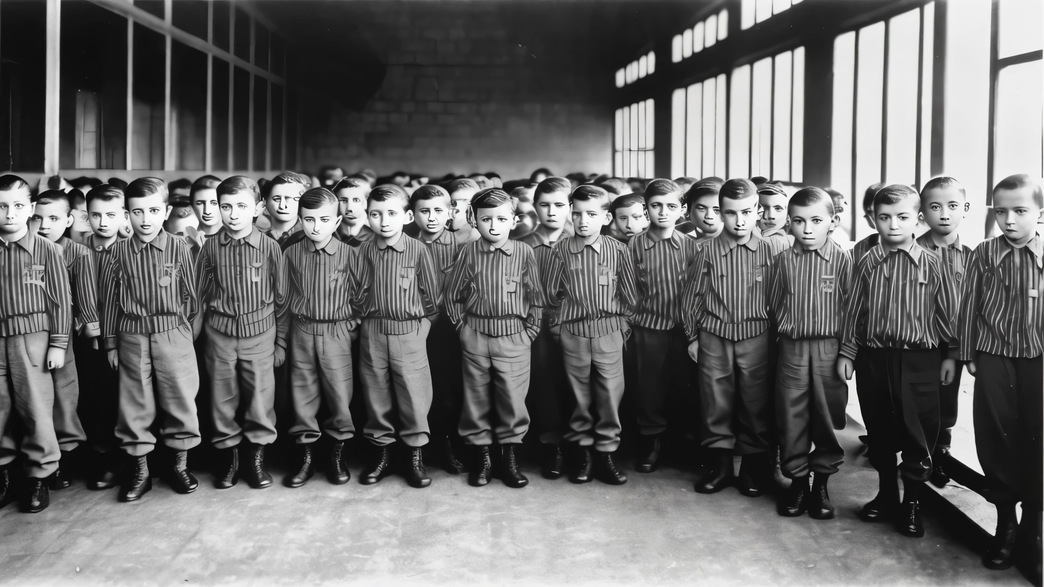 group of 100 hundred children wearing a black and white striped shirt and pants called The Holocaust uniform prisoners of Nazi standing in a line in a prison cell, auschwitz camp, by Josef Block, by Heinz Edelman, black and white color photograph, children, by Albert J. Welti, human prisoners, ww2 historical photo, by Lucia Peka, ww 2 historical photography, ww2 historical photography, scenic full shot, by Armin Hansen, group of children wearing prisoners uniform in Nazi, all children, very detailed image, all group of hundred children wearing prisoners uniform The Holocaust, group of hundred children prisoners of Nazi standing in a line in a prison camp, a blue and white striped shirt called The Holocaust uniform prisoners, group of 100 hundred children looking at front, black and white image, group of 100 hundred children wearing a black and white striped shirt and pants, many lines on shirt, a black and white striped shirt with a red heart on it, a screenshot by Fred A. Precht, reddit, new objectivity, colorized, sabattier effect, associated press photo, very detailed faces of children
