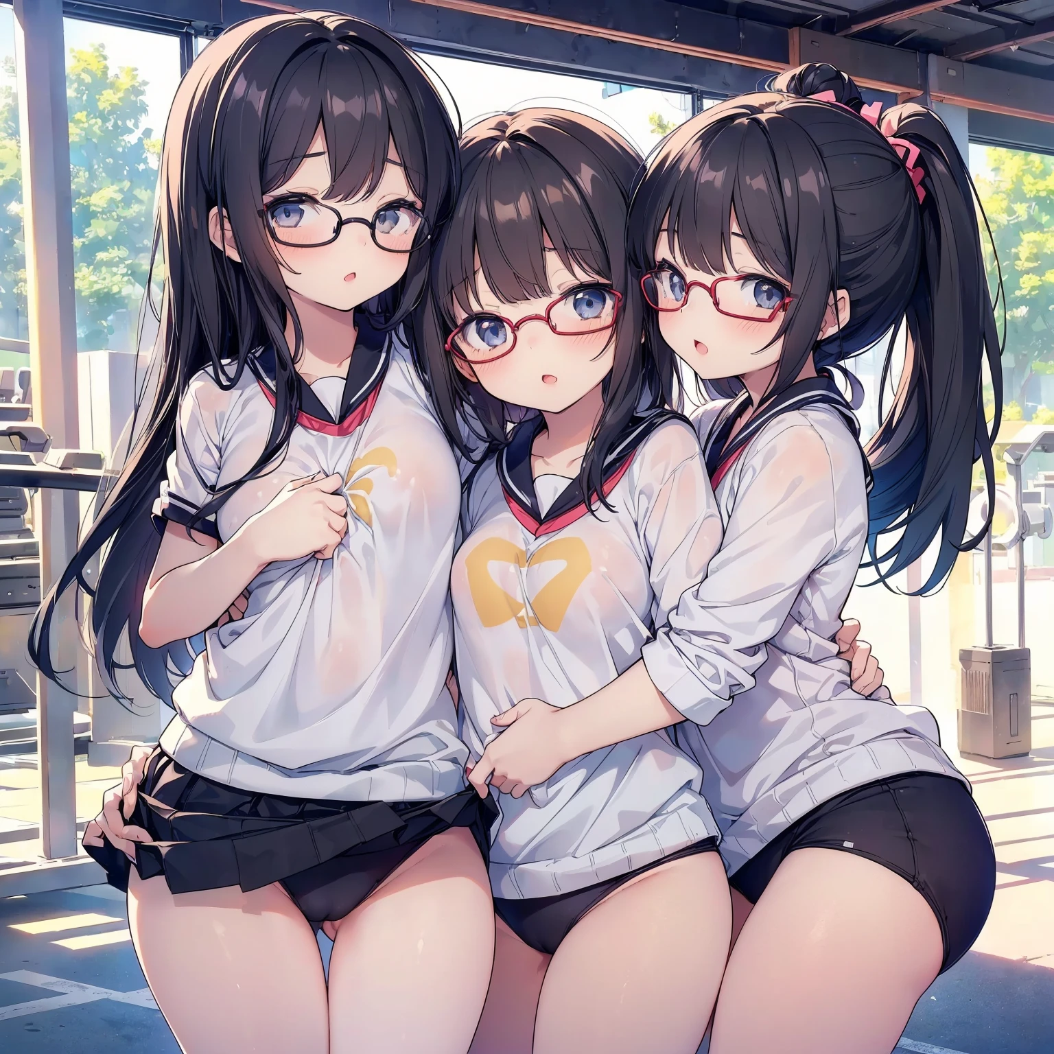 Super detailed, best quality, High resolution, Moe anime, ((((Three cute girls with black hair and big round glasses hug each other.)))), (baby fg eyes:1.5, drooping eyes:1.2), dark blue eyes, cute eyes, detailed eye description, brilliance of eyes, view audience, pale skin, (((petite))), NSFW, focus on the face, ((bust shot)), ((Transparent white gym uniform, Lower body is naked)), Nipples are showing through, at the gym, From the back