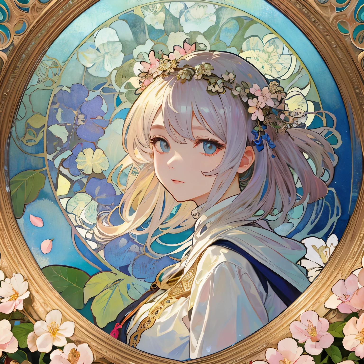 Beauty 1 person、(masterpiece、highest quality、highest quality、beautiful and aesthetic:1.2)、round picture frame、Rainbow-colored、Shining jewelry hair ornament、flowers in full bloom、detailed jewelry、dynamic、Based on the concept of an elegant woman、((Alphonse Mucha))、Shining eyes、colorful hair、Fluttering petals、Gradation、hyperdetailed intricately detailed, unreal engine, wonderful, intricate details, splash screen, complementary color, Realistic concept art, 8K resolution, 逸脱のmasterpiece、cherry blossoms、Japanese style、look back