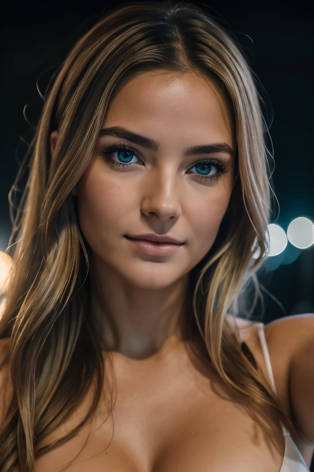 (selfie, vue de dessus: 1.4), (right half of the body: 1.4), Photo portrait RAW UHD d'une blonde de 35 ans (Femme aux yeux vert) marcher dans une ruelle sombre, gros seins,, Village la nuit, (Lingere), (encolure), details (textures! , cheveux! , Lunettes, Couleur!! , Disadvantages: 1.1), Des yeux brillants avec beaucoup de details (Looking at the camera), Reflex lighting, reflex, ultra-quality, Sharpness, Profondeur de champ, grain du film (centre), Fujifilm XT3, Limpide, Centre Du caDre, beau visage, mise au point nette, lampadaire, Neon lighting, Bokeh (dimly lit), nuit, (Ciel nocturne), detailed skin pores, peau grasse, coup de soleil, intricate eye details, corps entier, wavy hair