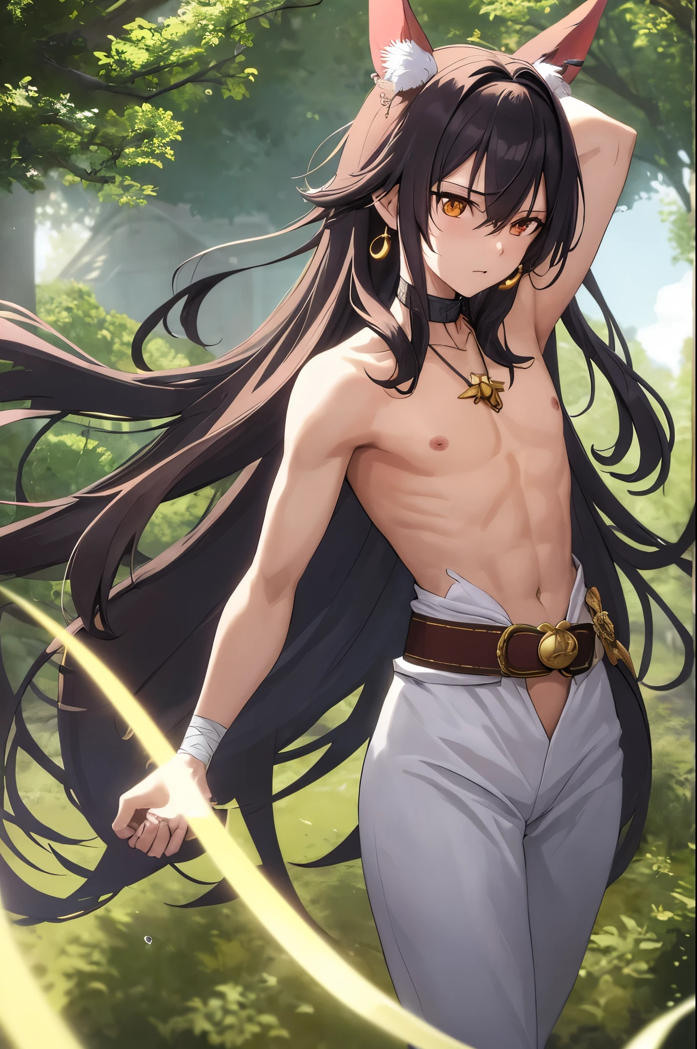 anime style, young man, naked torso, fighting with swords with a mannequin, wide belt, amulet on the neck, head decorated with a bandage. dark hair framing the face, earrings hanging from the ears, a noticeable ring on the finger, against the backdrop of the bright greenery of nature, back wooden house yard, dramatic lighting, ultra-fine details, digital rendering.
