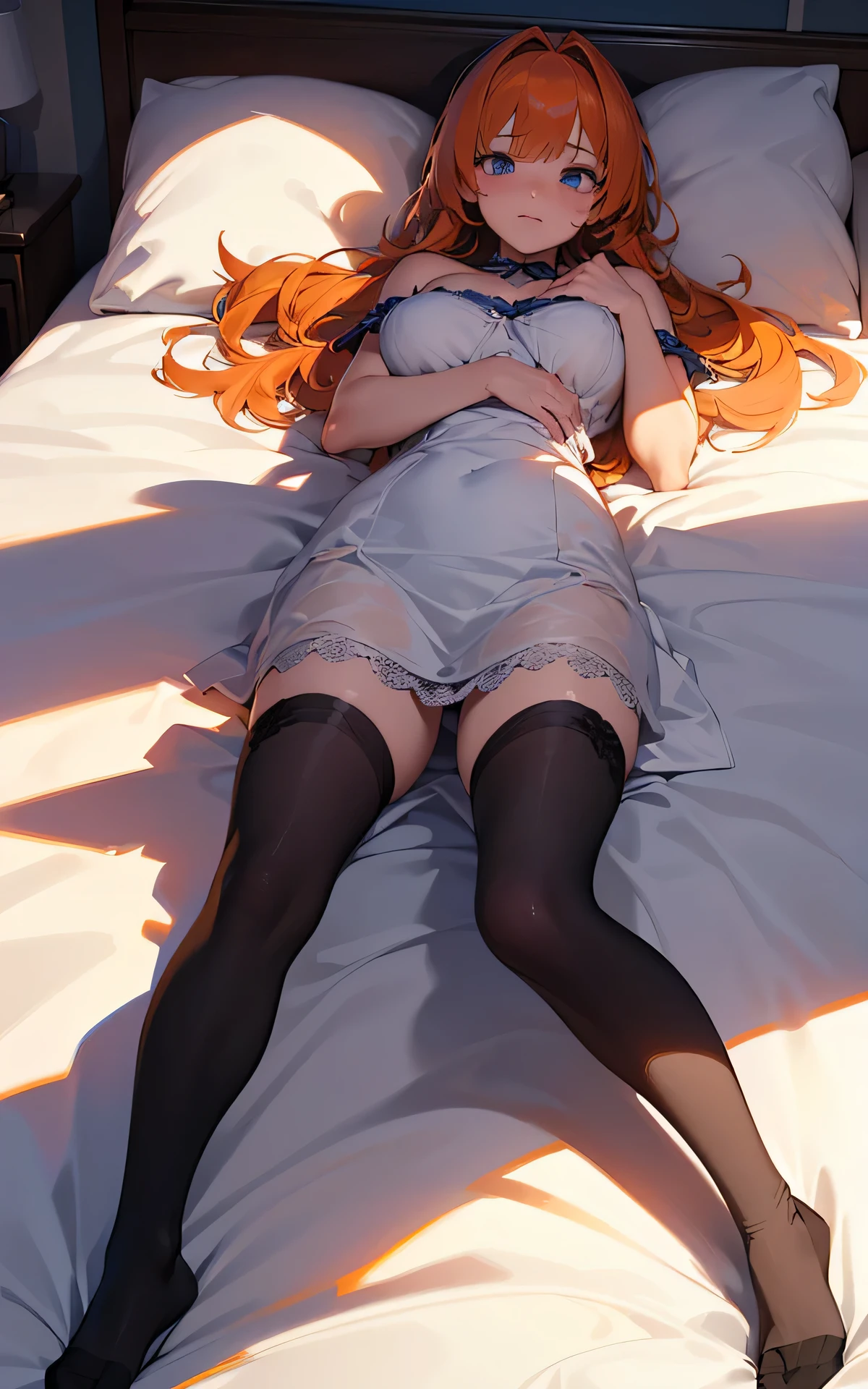 (Unity 16K Wallpaper, Masterpiece, Best Quality, Ultra Detailed, Extremely Detailed CG, Ultra High Resolution, Caustics, Detailed, Beautiful Detailed Eyes, solo, curby, negligee:1.3, dutch angle, lie on one’s back:1.3, socks on bed), fine skin, orange hair, blue eyes
