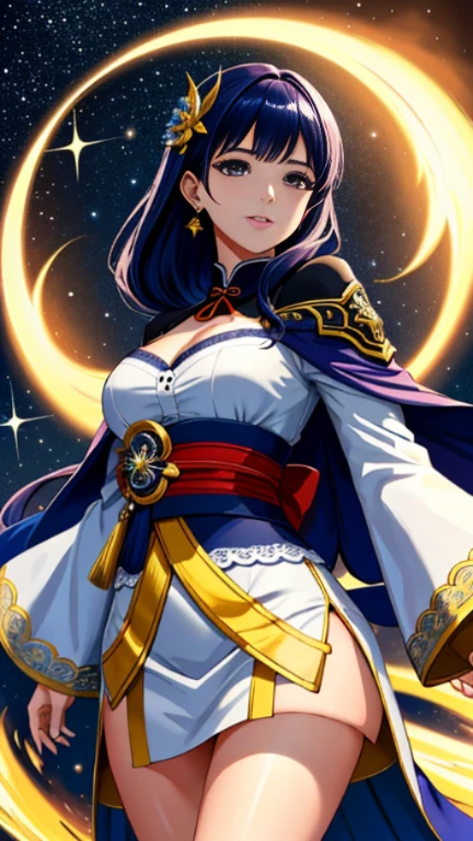 (obra maestra, Mejor calidad, high resolution, ultra detallado, 8k, 4k), libro de arte, colorante animado, CG, illustration , fancy, MKSKS ,1 chica, Solo, Arete, gargantilla, The background is a huge ornate circular pattern, Sonrisa, Feliz mirando al espectador, fuegos artificiales, estrellas, noche, al aire libre, (dutch angle), de cerca, enfoque facial, parte superior del cuerpo, Yoimiya (impacto genshin)