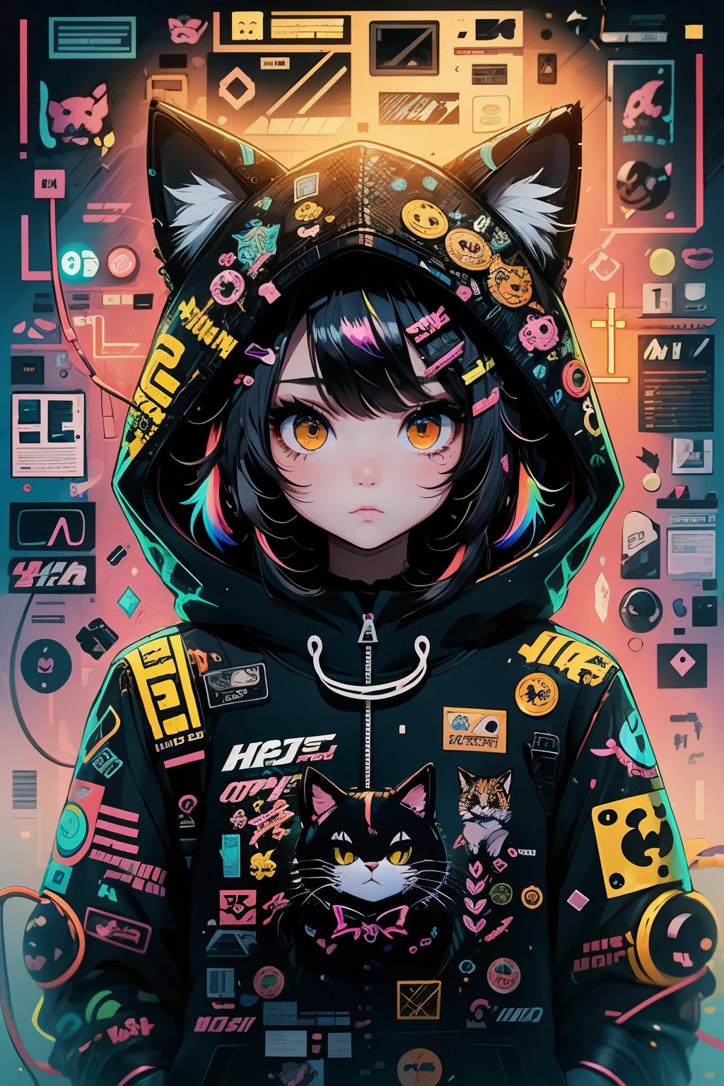 Chica de anime con cabello negro y un sombrero de gato, anime style illustration, Moe Artstyle, Fondo de pantalla 8 K, digital illustration, hermosa catgirl, He wears a hoodie with animal ears and TechnoWear technology, Futuristic fashion in black and holographic colors, Lots of details and buttons on it, Cables que salen de las mangas, The background is that of a simple pattern with cat and paw motifs