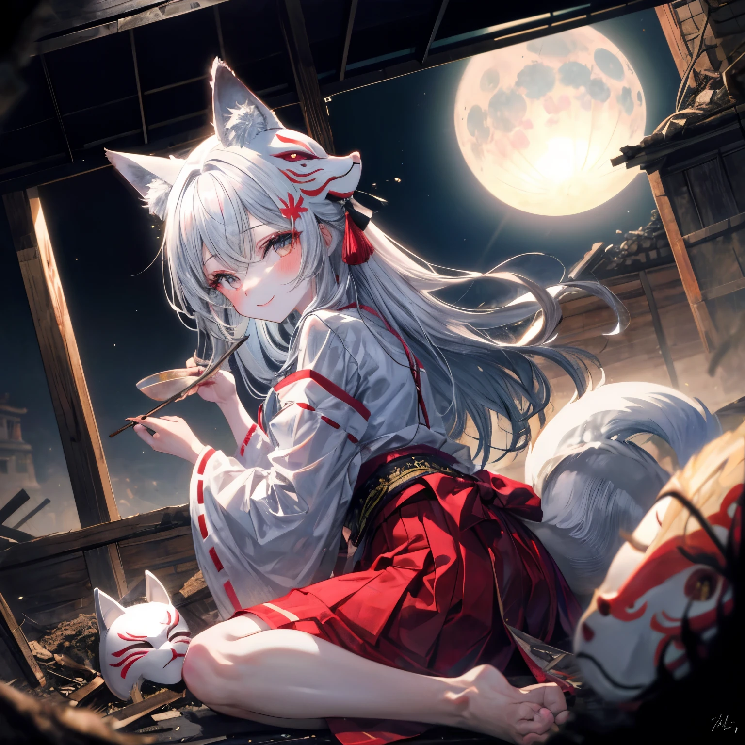 profundidad de campo,A girl in a fox mask sits on the roof of an izakaya buried under rubble,miko,pelo negro,pelo largo,ojos rojos,Luna Roja,piel brillante,(Sonrisa afectada),(de cerca:1.3),brazo extendido