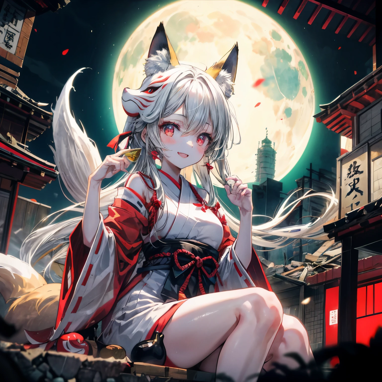 profundidad de campo,A girl in a fox mask sits on the roof of an izakaya buried under rubble,miko,pelo negro,pelo largo,ojos rojos,Luna Roja,piel brillante,(Sonrisa afectada),(de cerca:1.3),brazo extendido