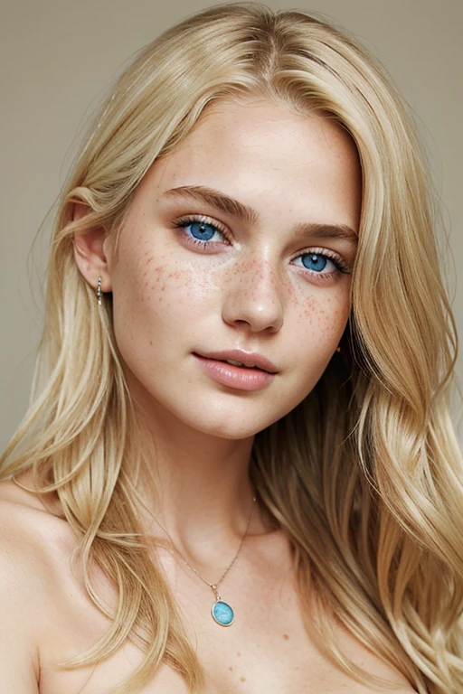 Blonde girl, 19 years old, naked upper body, revealing breasts, mid-length wavy blonde hair, blue eyes, flirtatious gaze towards the viewer, subtle freckles on her nose, minimal jewelry, realistic rendering, detailed and high-definition image.