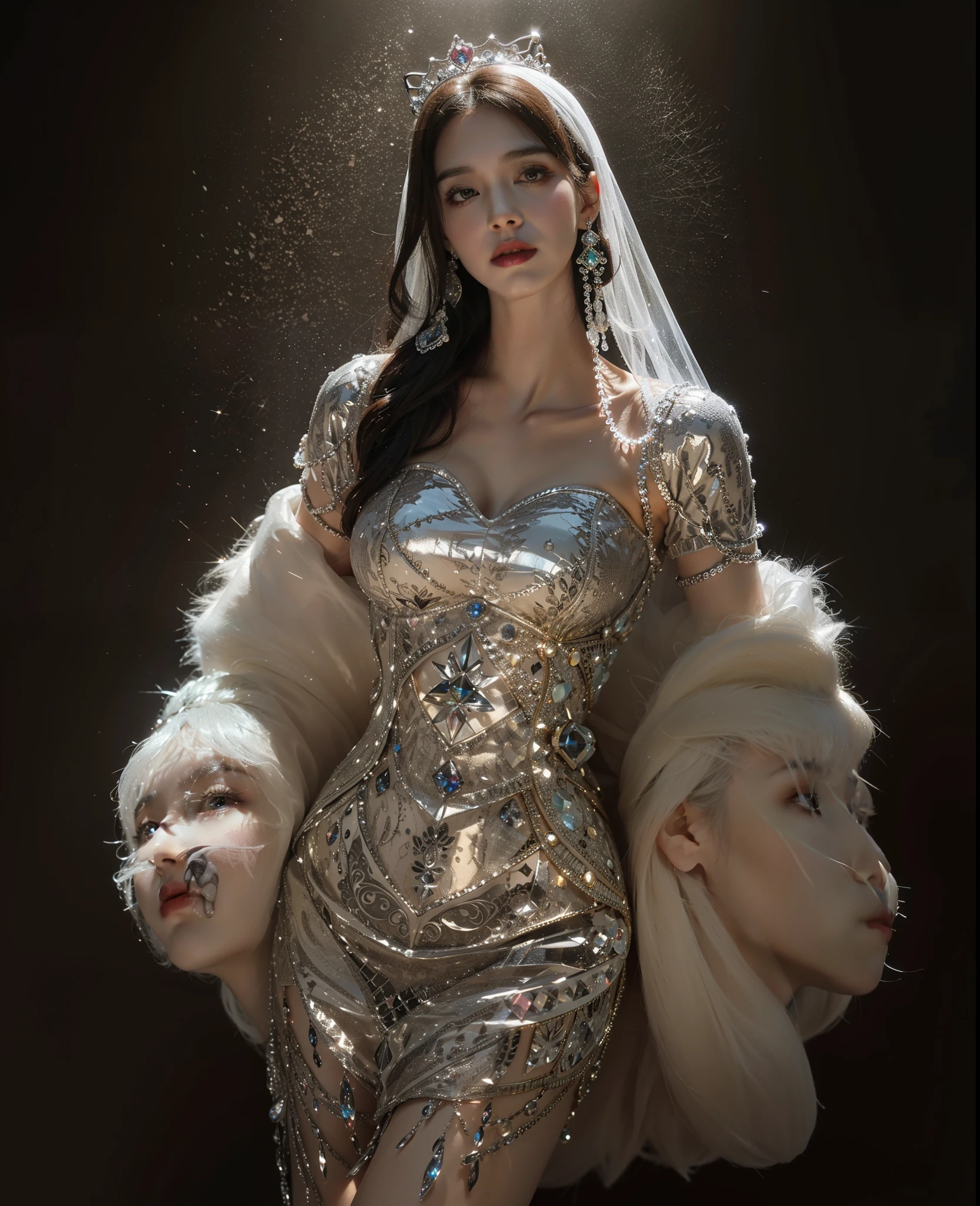 Royal sister,Delicate Frost Queen,put the crown on your head,Detailed facial expressions body,tall figure,number,Leg length,4K,HD,Translucent lace,pretty face,Little cherry mouth,beautiful and delicious(3D royal sister),gloss gel coat,Vampire queen wears luxurious dress,Crystal Gem Crown,Pictures are colorful、bright,