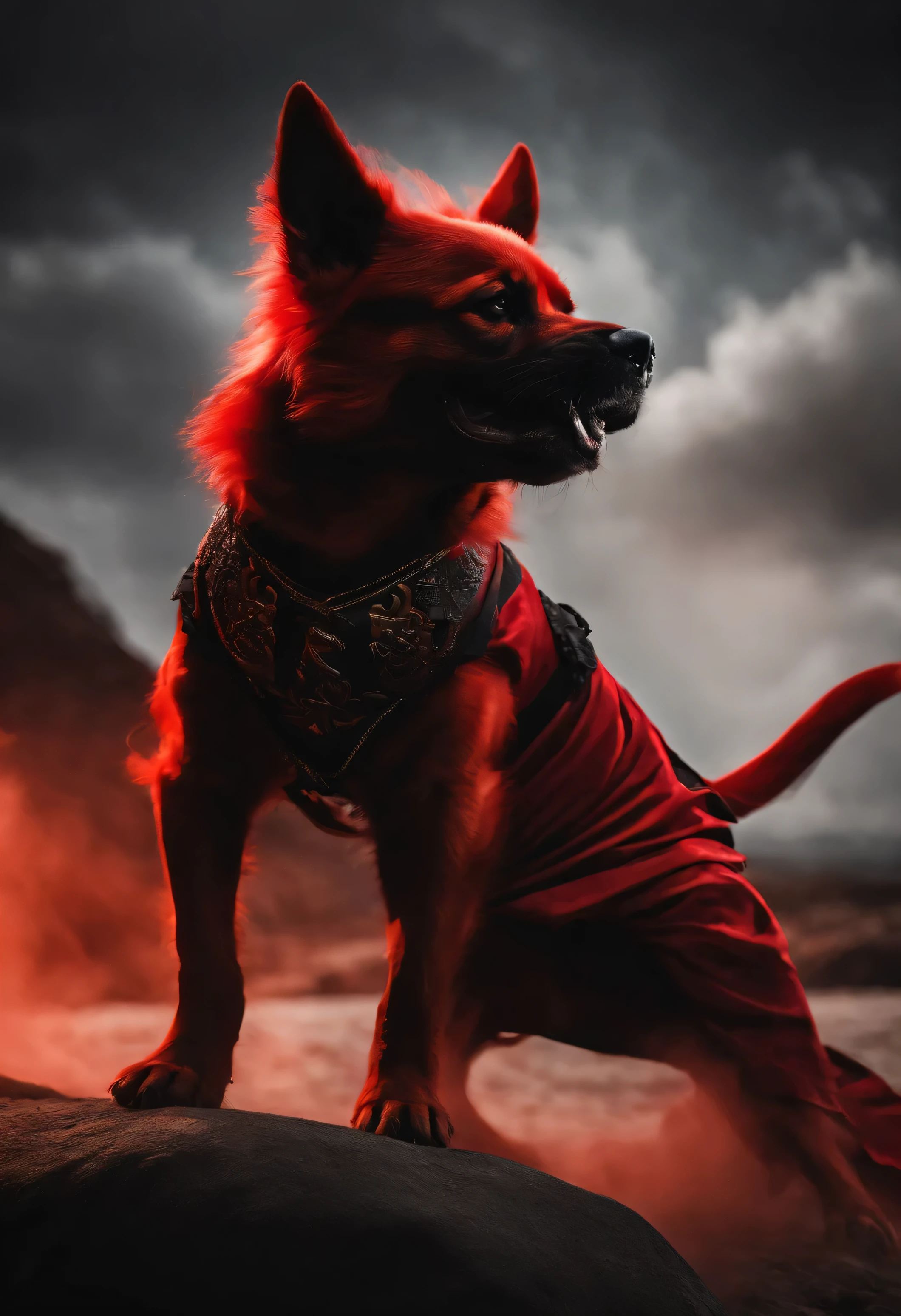 Red ninja dog wearing a Japanese demon mask, In a black outfit, threateningly
