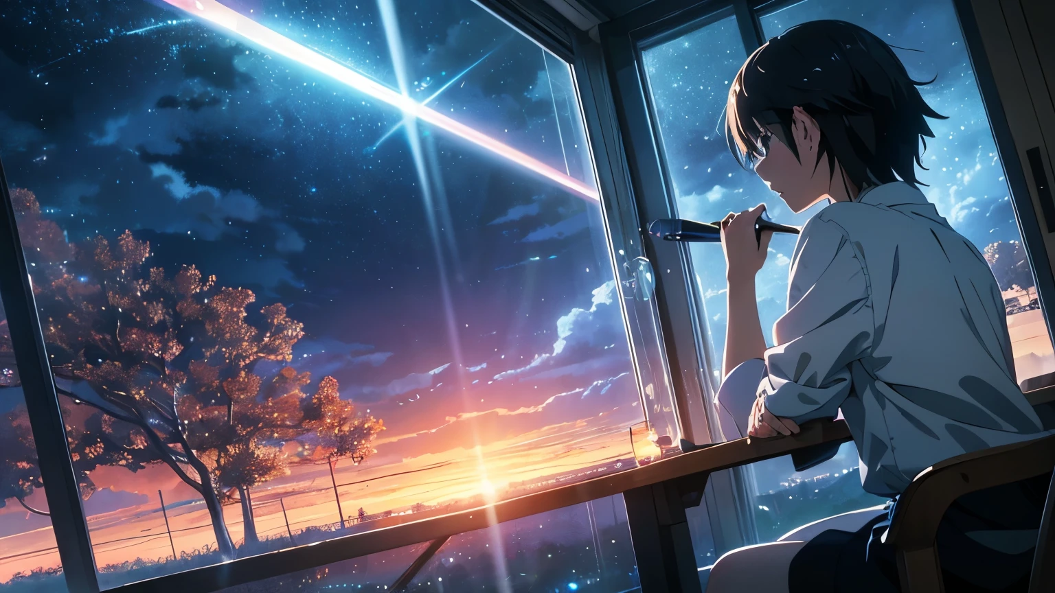 masterpiece, top quality, 4K UHD,
there is a woman sitting at a desk, deeply concentrated, quill in hand, paper scattered around,
anime drawing by Makoto Shinkai, pixiv contest winner, analytical art, anime art wallpaper,
stormy weather outside, window slightly open, raindrops hitting the glass,
Makoto Shinkai's intricate and detailed illustrations, 4K anime wallpaper, 8K resolution,
expressive eyes, fluid lines, water droplets reflecting the moonlight,
night landscape, trees swaying in the wind, lightning illuminating the scene,
((Makoto Shinkai)))
