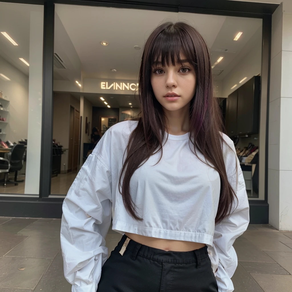 ((Best quality, 4k, Masterpiece)), 1girl, fit, beautiful and realistic, egirl, dyed hair, hair has bangs, fully dressed in egirl clothing