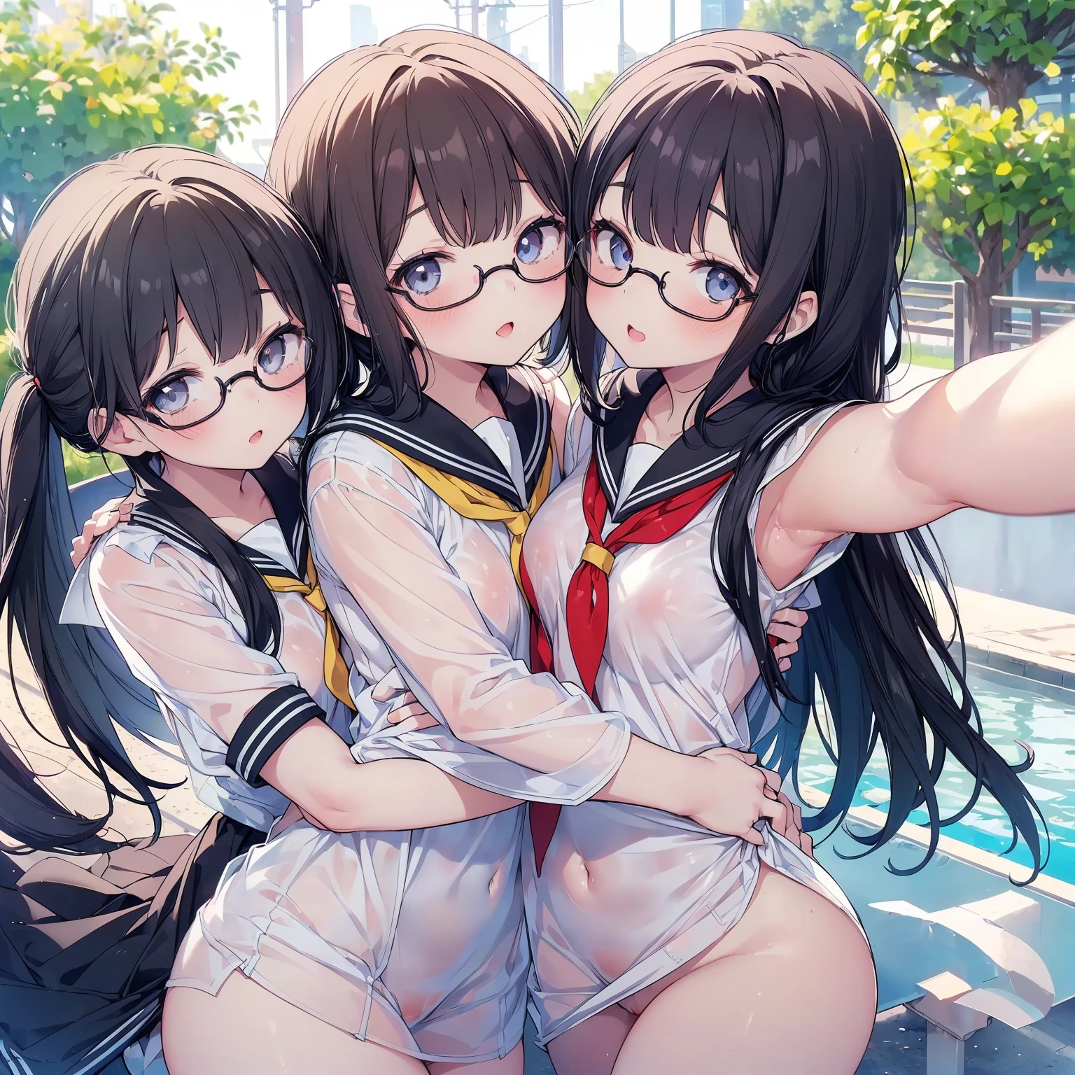 Super detailed, best quality, High resolution, Moe anime, ((((Three cute little girls with black hair and big round glasses hug each other.)))), (baby face), (Big eyes:1.5, drooping eyes:1.2), dark blue eyes, cute eyes, detailed eye description, brilliance of eyes, view audience, pale skin, (((petite))), NSFW, focus on the face, ((bust shot)), ((See-through white sailor uniform, Lower body is naked)), Nipples are showing through, at the park, From the back