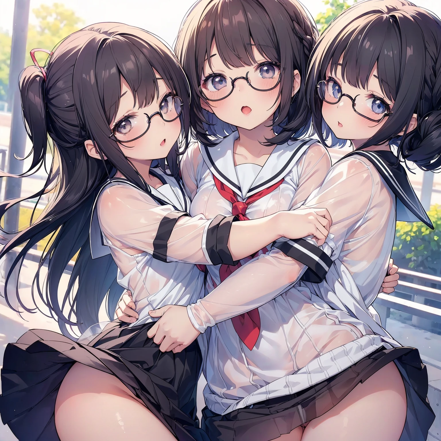 Super detailed, best quality, High resolution, Moe anime, ((((Three cute s with black hair and big round glasses hug each other.)))), (baby face), (Big eyes:1.5, drooping eyes:1.2), dark blue eyes, cute eyes, detailed eye description, brilliance of eyes, view audience, pale skin, (((petite))), NSFW, focus on the face, ((bust shot)), ((See-through white sailor uniform, Lower body is naked)), Nipples are showing through, at the park, From the back