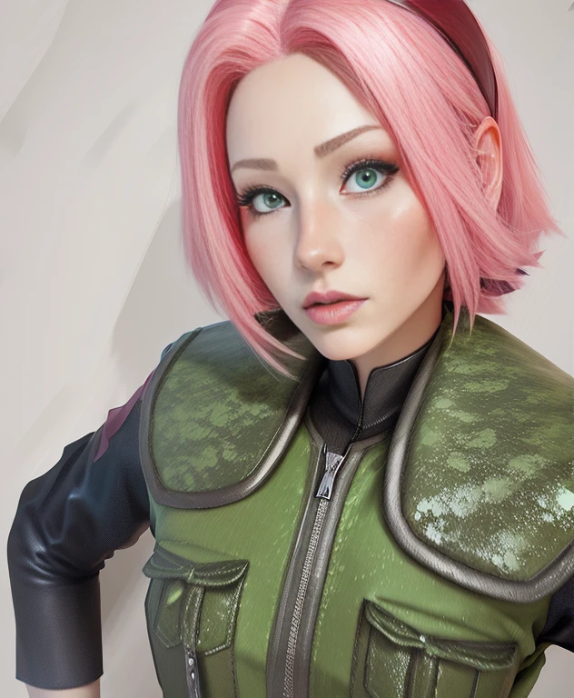 young woman, porcelain skin, short bubblegum pink hair, wide forehead, pink eyebrows, big emerald green eyes, upturned nose, big pink lips, slender, green clothes, Sakura Haruno, realism, realistic, 3d, well detailed