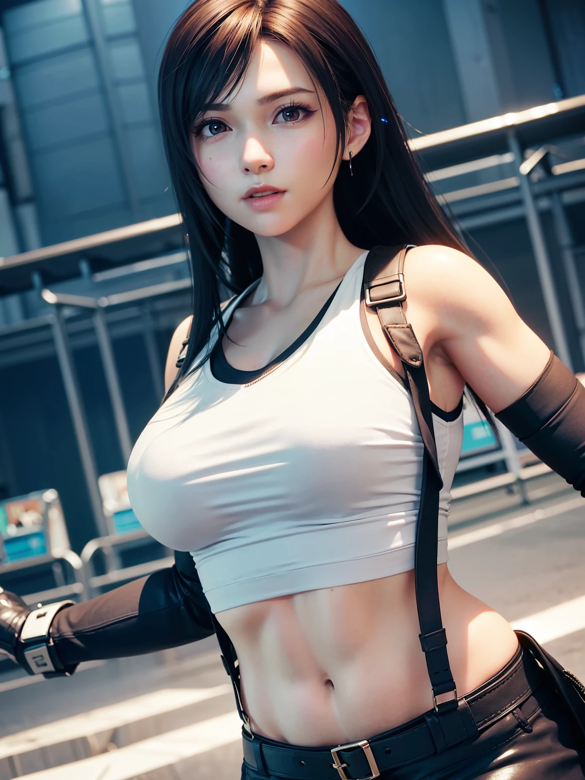 1girl,8K,masterpiece, eyeliner, (1 girl), tifa lockhart, red_eye, black hair, long hair, shiny skin:1.5, shiny , ((highest quality)), sharp focus: 1.2, Highly detailed face and skin texture, detailed eye, perfect face, perfect body, art, cg, blur background, big with presence, (20 years, Cool and beautiful facial features for adults、punch、symmetrical face), wear ((suspenders black skirt)),(( black elbow gloves, white tight shirt, thigh, white tank top, belly button, red面、big breasts,constriction)), Enemy futuristic robot weapons factory, smile, professional light source, fluttering hair, dynamic action, dynamic pose,random angle、Midgar