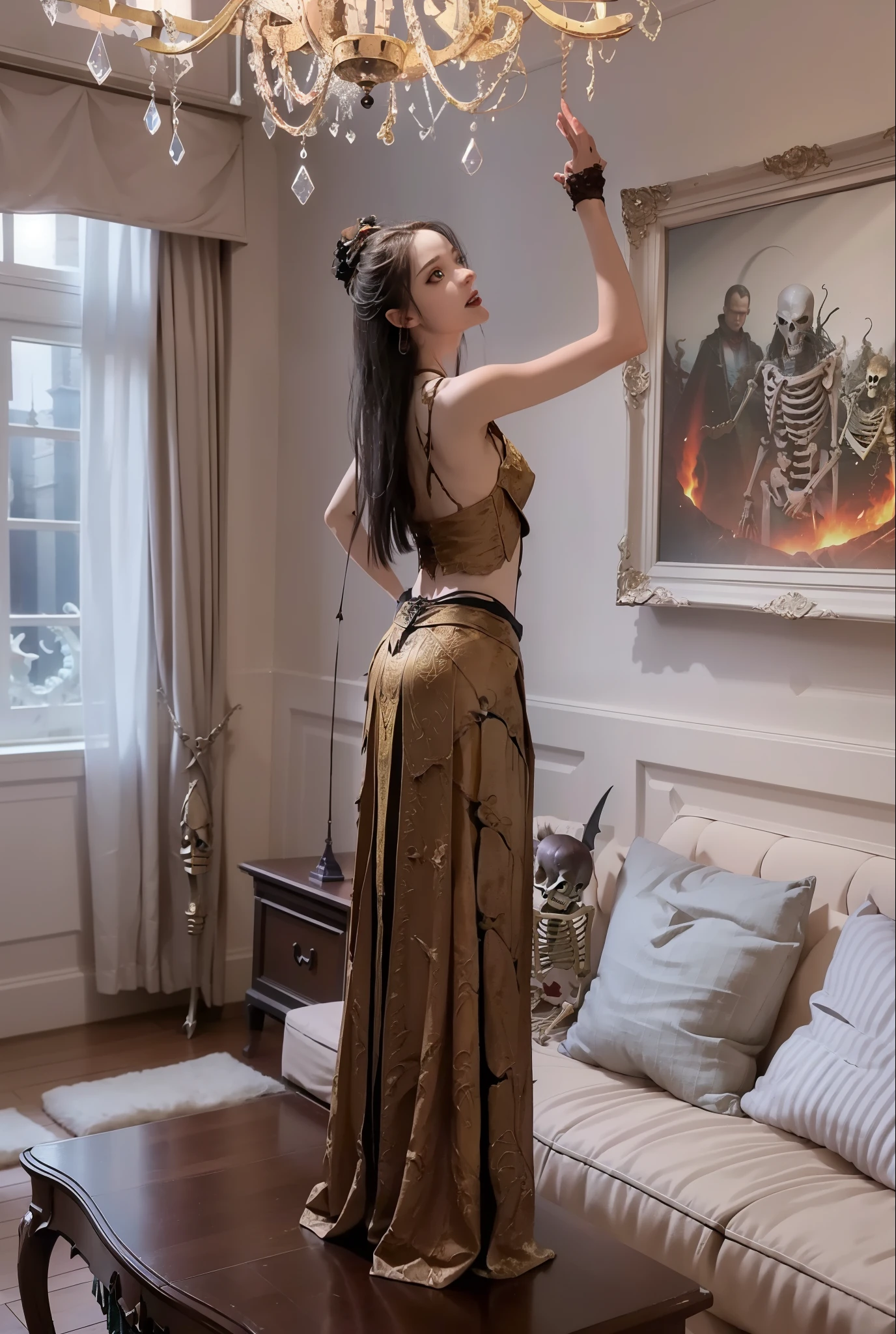 Beautifully,Picture of a box full of swords, wing, succubus theme,the fallen angel,Excellent,scary,secret terror,tentacle,have eyes,The Uncanny Valley effect,little beast blood moon,Skeleton skeleton,vampire,hell fire,Body perspective,Wear a floor-length skirt