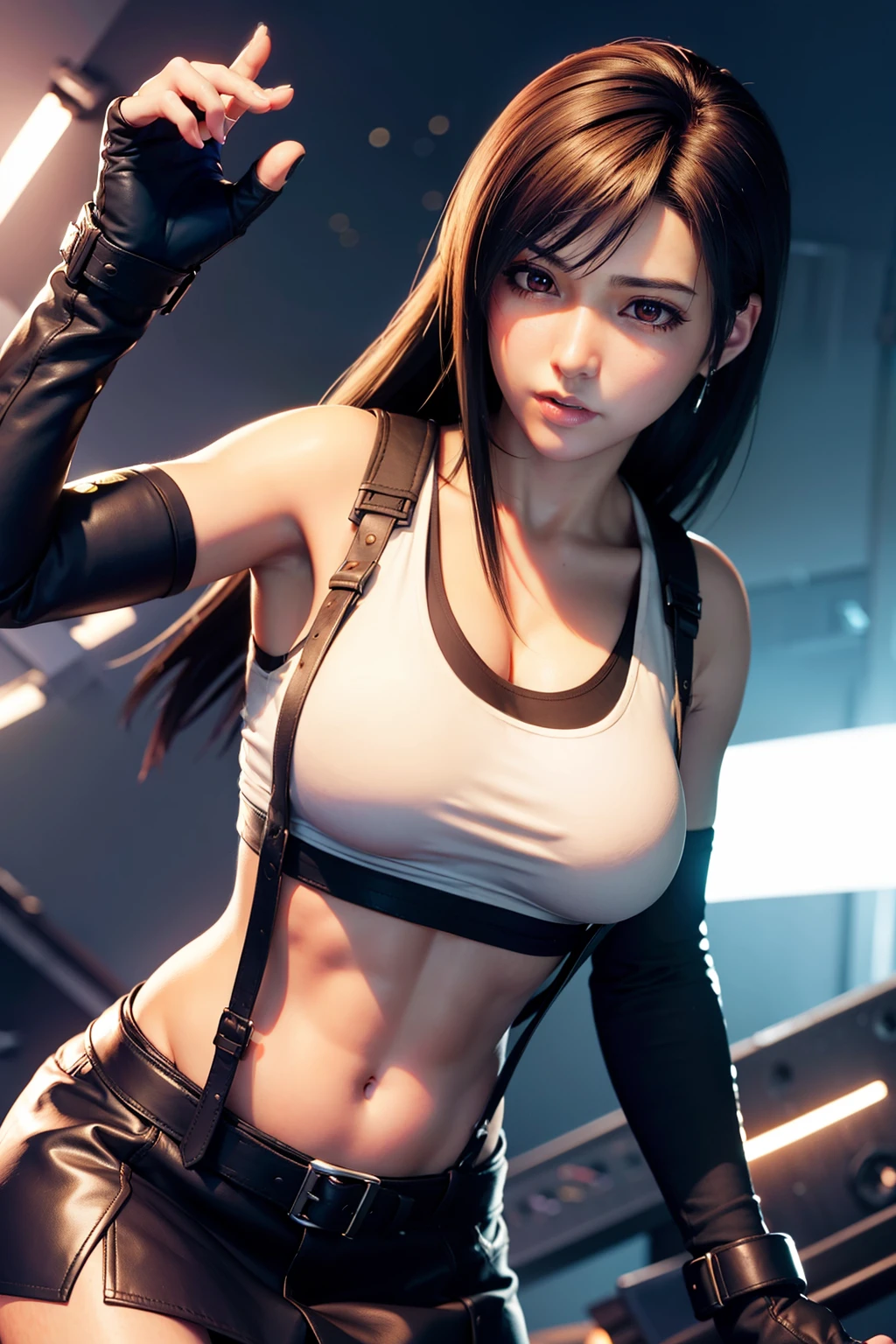 1girl,8K,masterpiece, eyeliner, (1 girl), tifa lockhart, red_eye, black hair, long hair, shiny skin:1.5, shiny , ((highest quality)), sharp focus: 1.2, Highly detailed face and skin texture, detailed eye, perfect face, perfect body, art, cg, blur background, big with presence, (20 years, Cool and beautiful facial features for adults、punch、symmetrical face), wear ((suspenders black skirt)),(( black elbow gloves, white tight shirt, thigh, white tank top, belly button, red面、big breasts,constriction)), Enemy futuristic robot weapons factory, professional light source, fluttering hair, dynamic action, dynamic pose,random angle、Midgar