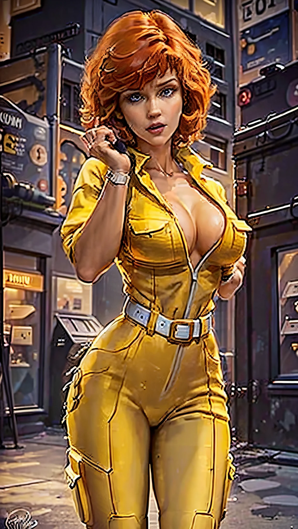 Full body, wide hips, Cowboy shot, April O'Neil waifu, 1980s \(style\), 1 woman, brown hair, red hair, short hair, orange hair, serious expression, worried expression, retro art style, short hair, only, holding microphone with her hands, female television reporter, speaking into the microphone, yellow jersey suit, white belt, yellow jersey suit on the hips, (naked_breasts: 1.2), Half_breasts, cleavage, hyper-realistic eyes, Beautiful eyes, detailed eyes, realistic face , beautiful woman woman, realistic background, Urban street, Night street lights, Amazing lights, amazing background,microphone, microphone, tv reporter