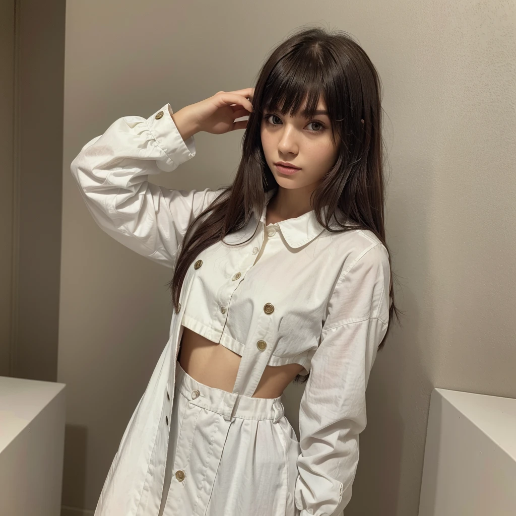 ((Best quality, 4k, Masterpiece)), 1girl, fit, beautiful and realistic, egirl, dyed hair, hair has bangs, fully dressed in egirl clothing