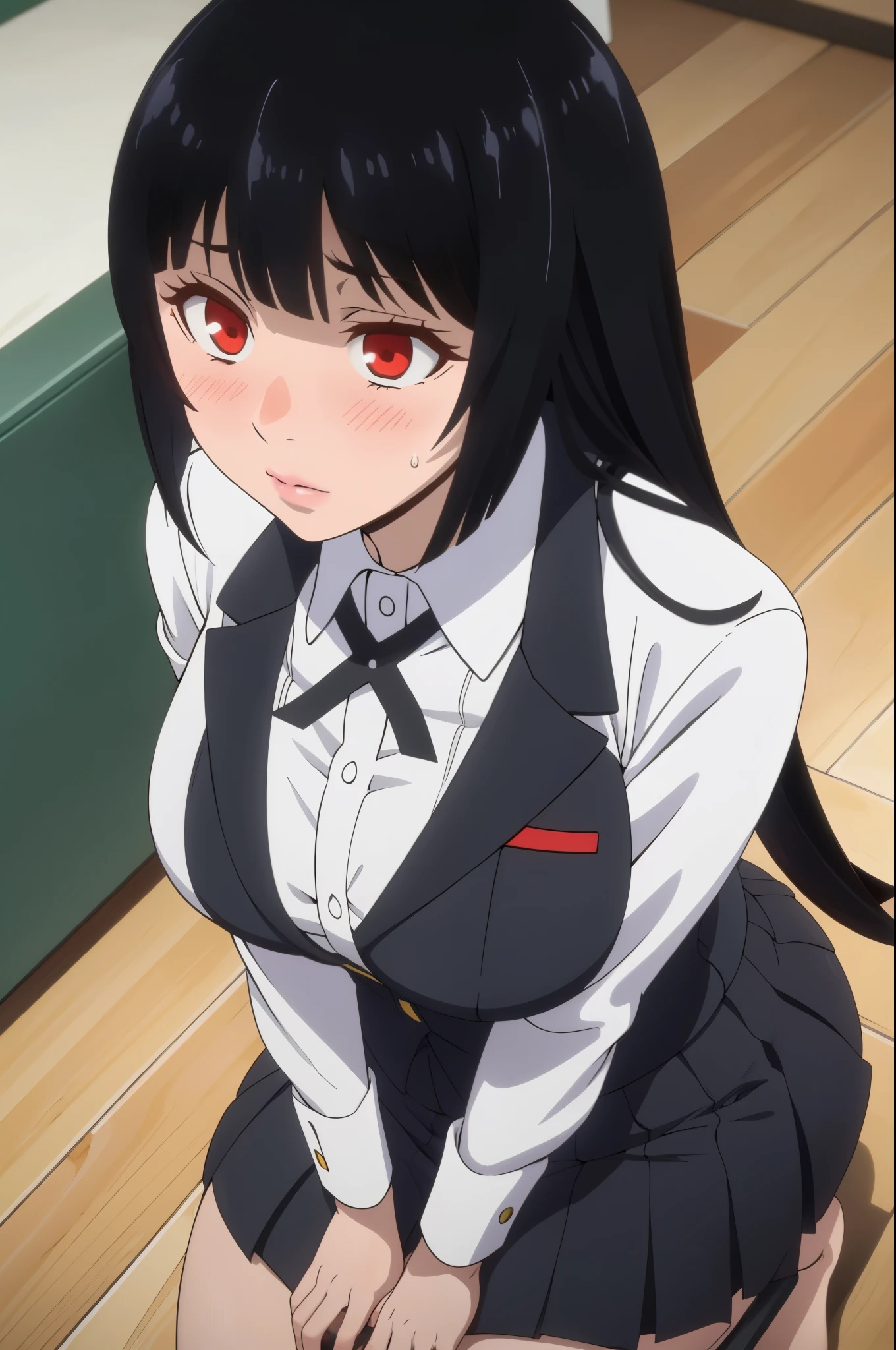 masterpiece, best quality, ultra-detailed, illustration, colorful, flat color, depth of field, 1girl, yumeko jabami, anime, staying on her knees on the floor, dark hair, straight hair, red eyes, looking at viewer, at restroom, white shirt, black tie, black skirt, detailed skin texture, detailed cloth texture, beautiful detailed face, blush, shy, huge breasts, view from front, spread legs, barefoot, white panties