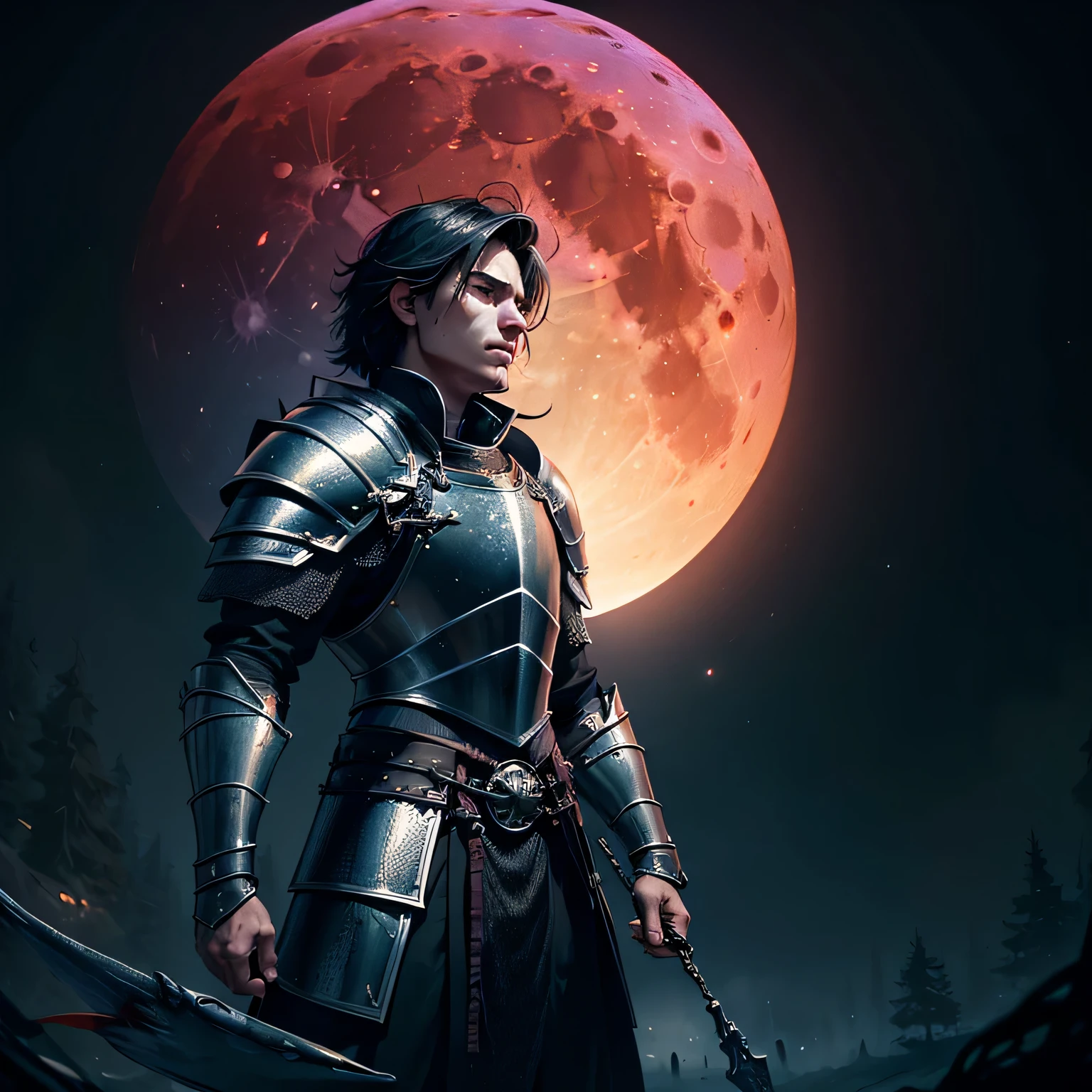 (((A white male human scholar with black hair in arcane infused plate mail armor centered in the foreground performing a endearing pose))), (((Arcane Vestments covering chainmail armor))),dark fantasy, dark atmosphere, forest, ((night)), moon, glowing butterflies, volumetric lighting, best quality, masterpiece, intricate details, tonemapping, sharp focus, very detailed, trending on Artstation, realistic, trending in artstation 4k, 8k, cinematic lighting, (((Full blood moon vibrantly lighting the scene))), (((fish eye lens))), ((colorful))