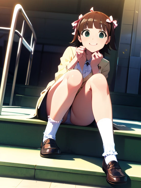 ((highest quality, 8K, Idol Master: 1.3, RAW photo)), sharp focus 1.1),(((Tenkai Haruka))),beautiful face, highly detailed face, ((loose socks,loafers)),Brown hair short,Red ribbons on the left and right sides of the head(green eyes)smile (Business Suit 1.5)pencil skirt, ((Sit on the steps of the station)),(show white lace panties:1.1), from the front,whole body