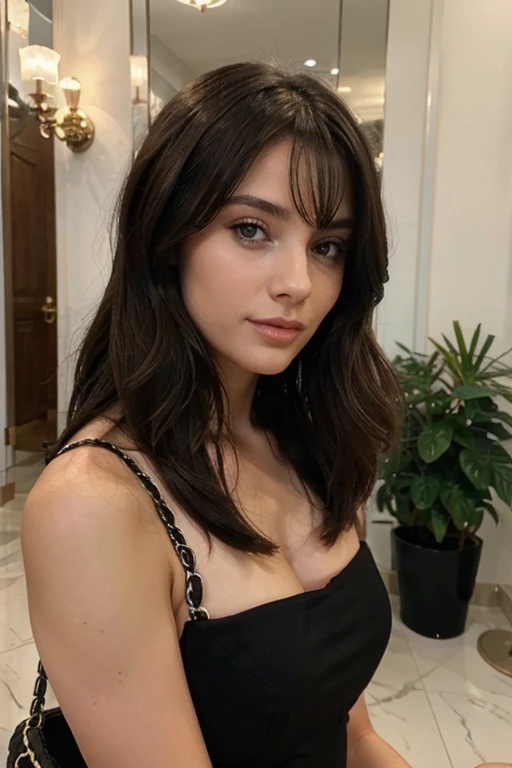 Elegant brunette with Chanel hair is with her friends