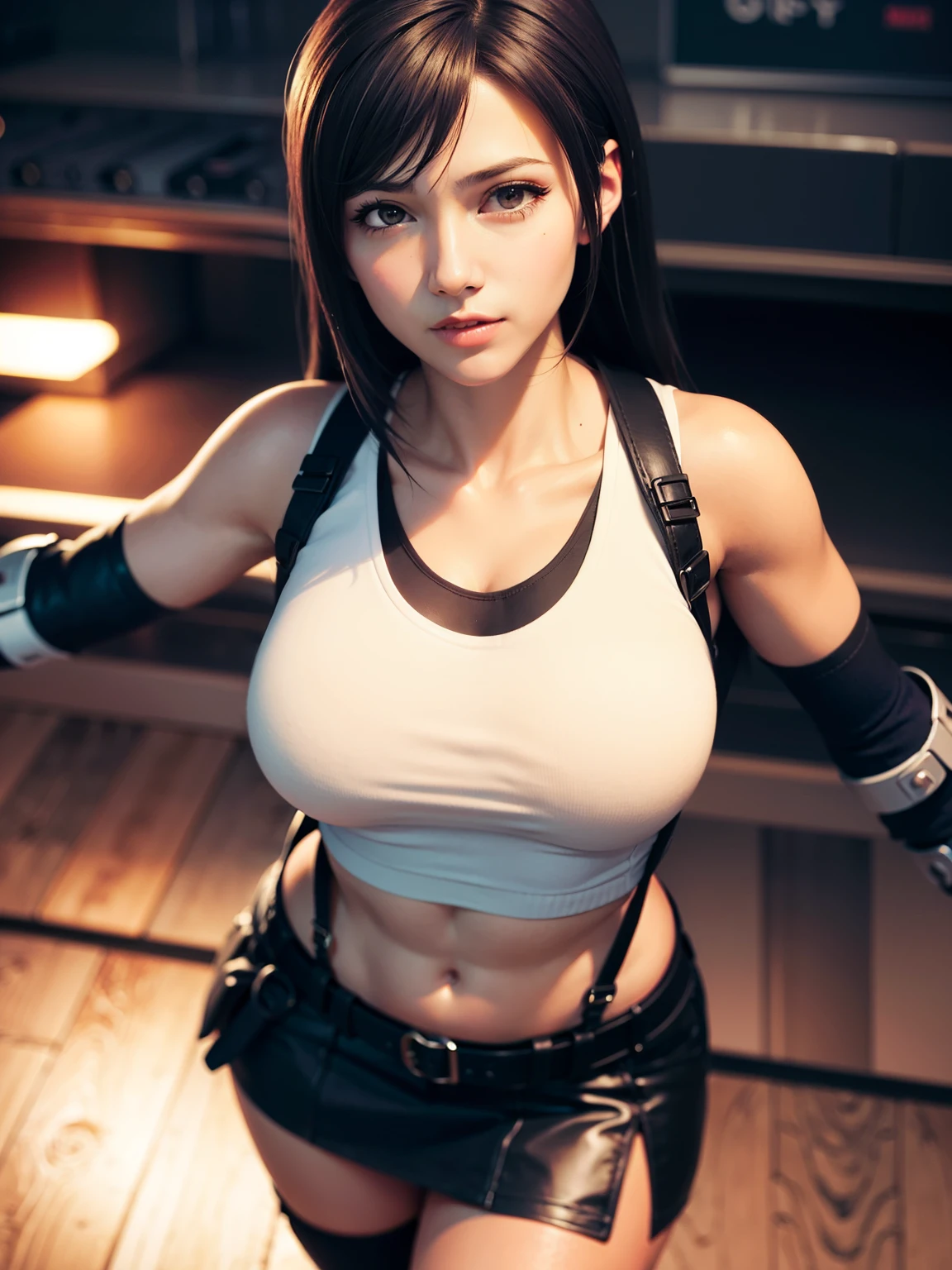 1girl,8K,masterpiece, eyeliner, (1 girl), tifa lockhart, red_eye, black hair, long hair, shiny skin:1.5, shiny , ((highest quality)), sharp focus: 1.2, Highly detailed face and skin texture, detailed eye, perfect face, perfect body, art, cg, blur background, big with presence, (20 years, Cool and beautiful facial features for adults、punch、symmetrical face,、From above), wear ((suspenders black skirt)),(( black elbow gloves, white tight shirt, thigh, white tank top, belly button, red面、big breasts,constriction)), Enemy futuristic robot weapons factory, smile, professional light source, fluttering hair, dynamic action, dynamic pose,Midgar