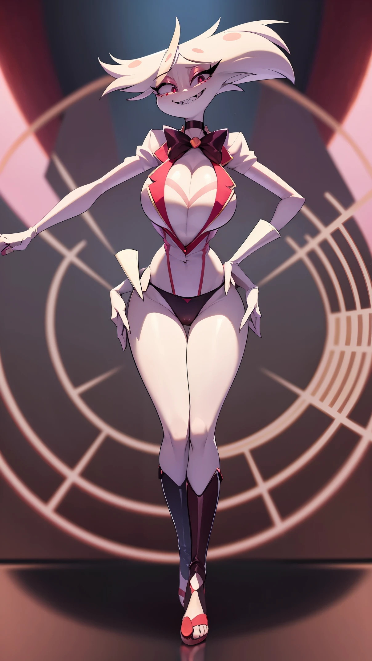 (best quality, masterpiece:1), furry, female, 1girl, anthro, angeldust, 4 arms, white cloths , thigh boots, gold tooth, huge chest tuft, choker, bowtie, , red gloves, grin, sharp teet hourglass figure, thick thighs, bubble butt, wide hips, *, pants, full, body, butler cloths, noble cloths,blending, reflection light, ray tracing, backlighting, bloom, blending, drop shadow, film grain, image fill, Fujicolor, halftone, motion lines, optical illusion, anaglyph, stereogram, speed lines, vignetting, scanlines, UHD, retina, masterpiece, ccurate, anatomically correct, textured skin, super detail, high details, high quality, award winning, best quality, highres, boots,refsheet, standing, full body, flipflops, pants