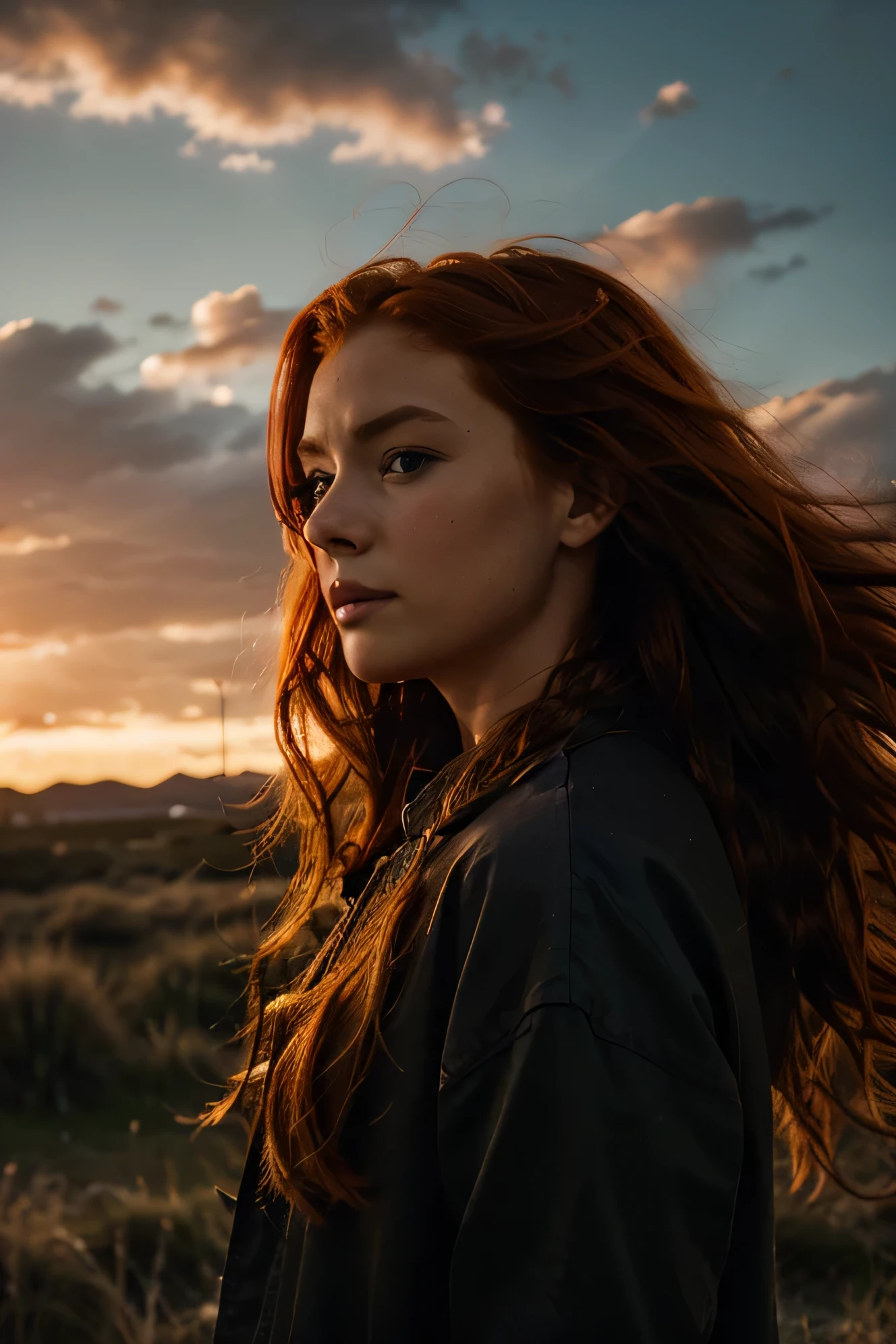 a photograph of a redhead woman with windswept tresses, her hair entangled like flames against a twilight sky, emanating untamed beauty