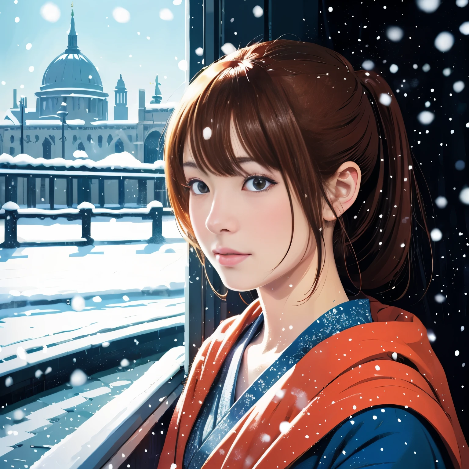 Illustration style、Showa Anime、ukiyoe painting、Woman、(Snow)、((Sensitive))、London、facing this way、high resolution