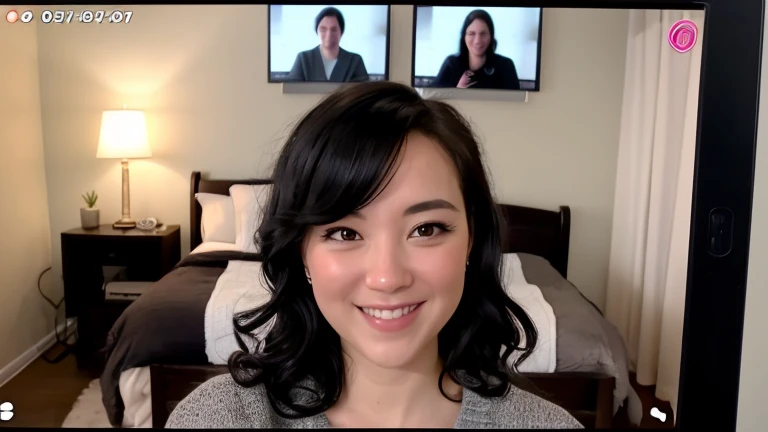 portrait of a cute 28 year old American girl , on a Discord video call, thick wavy black hair, smirking, long eyelashes,
 upper body, facing viewer, 8k, super detail, best quality, 1080P, 1080P, 1080P, 4K, 8k, 16k, HD, 1080P