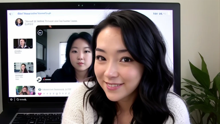 portrait of a cute 28 year old American girl , on a Discord video call, thick wavy black hair, smirking, long eyelashes,
upper body, facing viewer, 8k, super detail, best quality, 1080P, 1080P, 1080P, 4K, 8k, 16k, HD, 1080P