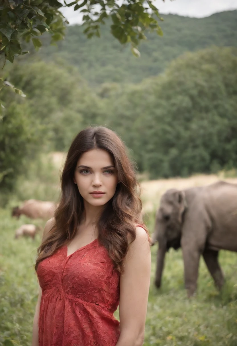 So, generate a photo of a beautiful young girl grazing cows, horses and elephants in the mountains, there are also birds, mammals, insects, pests, people, covering herself with a bay leaf like Eve in paradise.  You can see that the whole figure is not hiding anything.