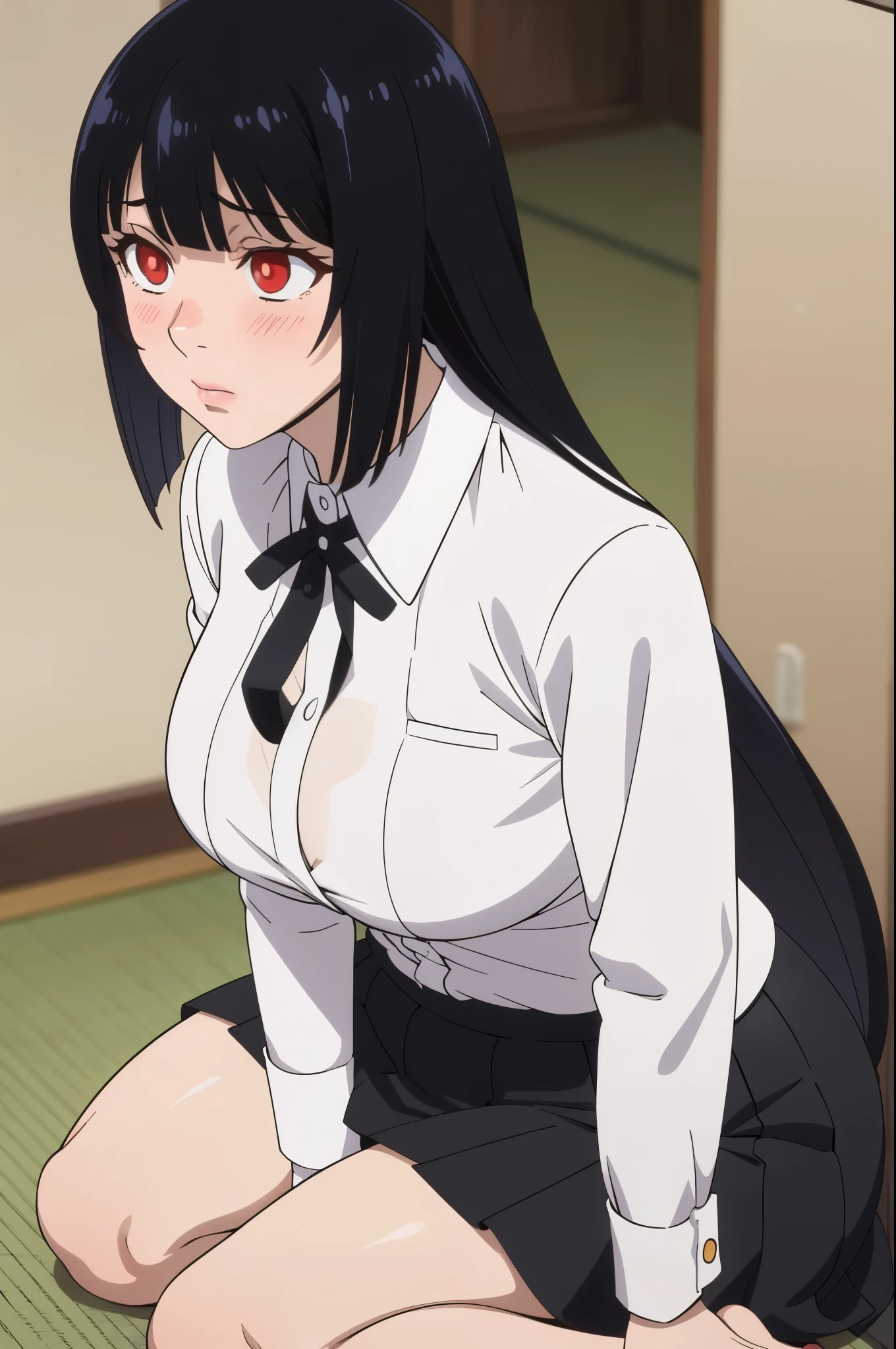 masterpiece, best quality, ultra-detailed, illustration, colorful, flat color, depth of field, 1girl, yumeko jabami, anime, staying on her knees on the floor, dark hair, straight hair, red eyes, looking at viewer, at restroom, white shirt, black tie, black skirt, detailed skin texture, detailed cloth texture, beautiful detailed face, blush, shy, huge breasts, view from front, spread legs, barefoot, white panties