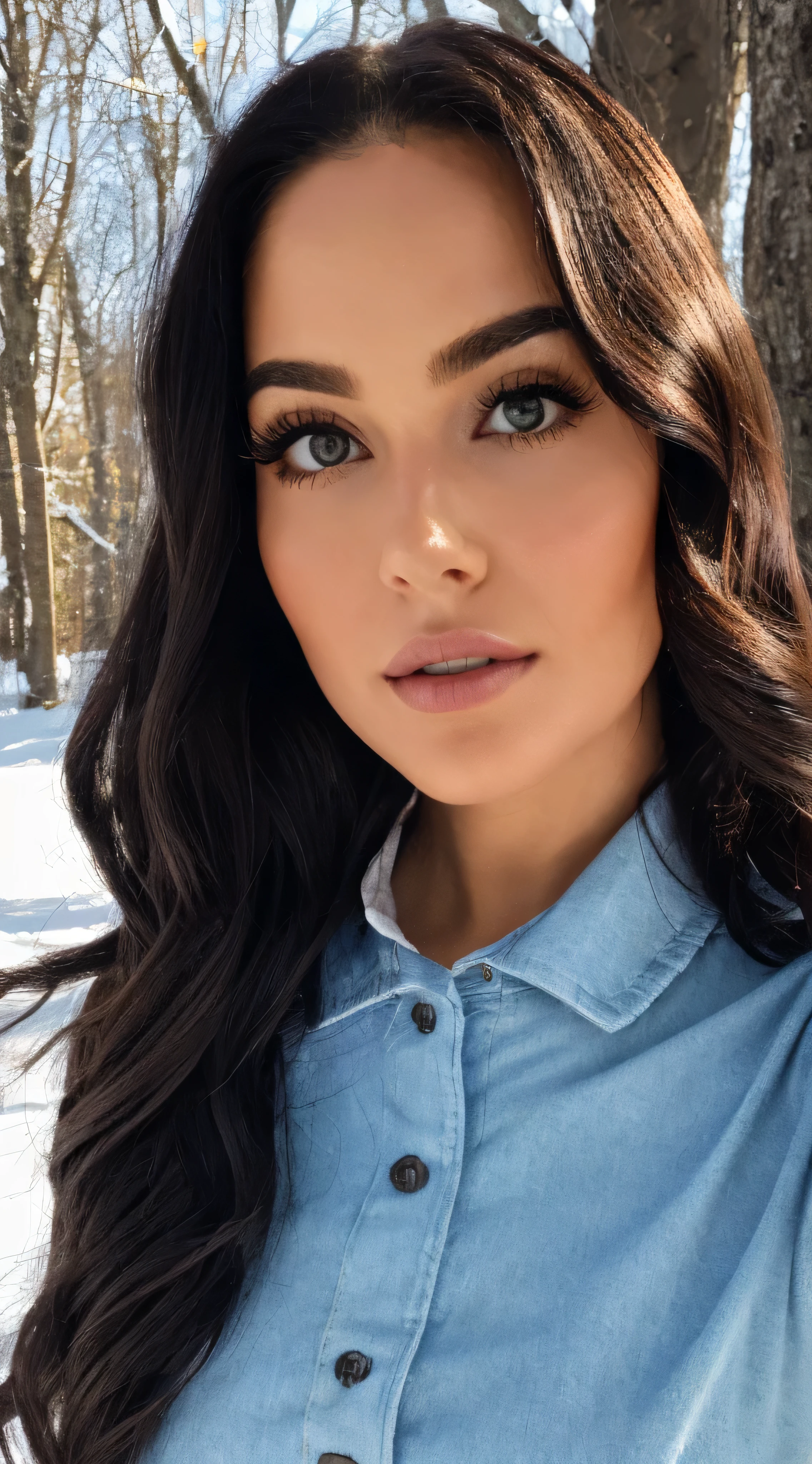 (best quality,photorealistic:1.38) Ivy Archer, with her long curly hair and intense black, pale skin, stands out as a gorgeous 28-year-old girl. Her eyes are a captivating shade of green and her lips are plump and perfectly shaped, on the snow, in a sexy position, she emanates an air of confidence and allure. The image should be photorealistic, capturing every detail with precision. The lighting should accentuate her features, creating a stunning visual impact, selfie