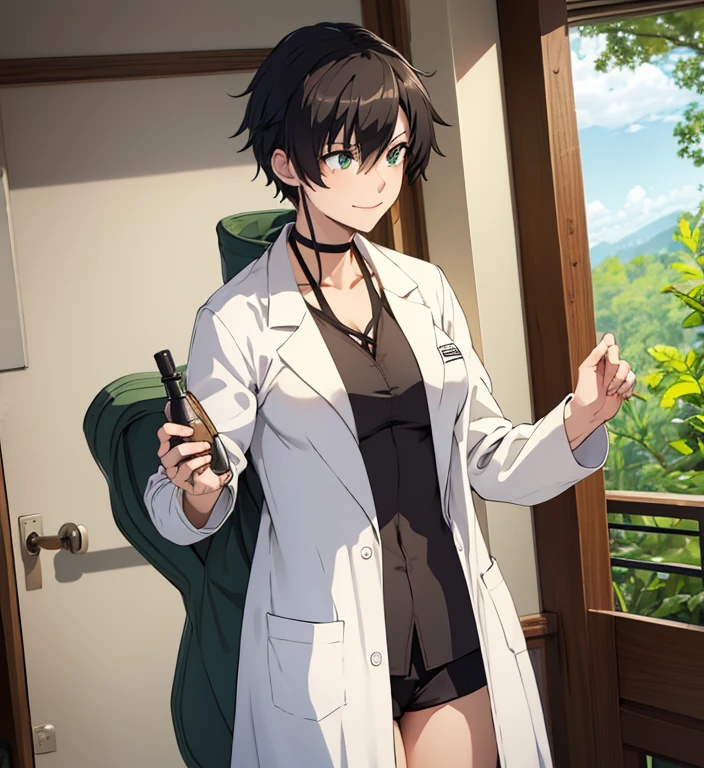 ((Masterpiece)), ((best quality)), 8k, full bodyview, 1woman, tomboy, black hair:1.6, green eyes, fit athletic body, small breast:1.2, ((lab coat:1.4)), smiling, european face, 