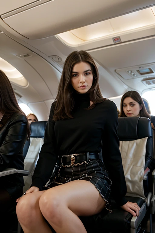 Elegant brunette with Chanel hair stands on the plane full length