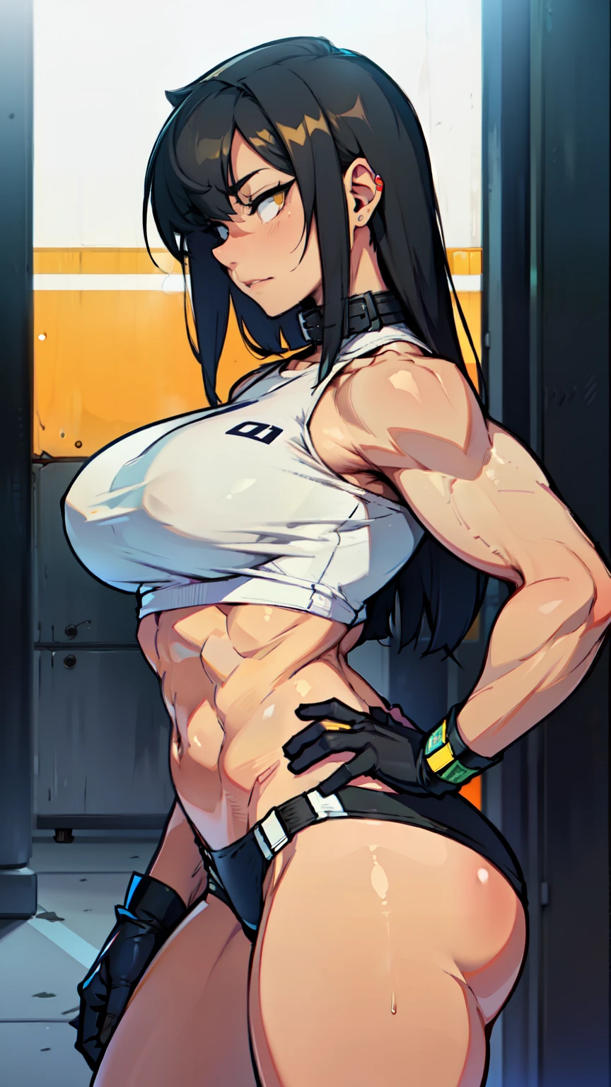muscular girl breasts thick black hair yellow eyes pale expressionless