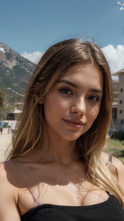 A 23-year-old blonde woman, ((pechos grandes)), ((hiperrealismo)) ,. blonde hair with light brown roots. cabello rubio, Hair with brown roots, cabello extra largo, cabello muy largo, Cabello muy largo, hermoso, perfil, Foto tomada de perfil con iPhone 15 pro, alta calidad, ojos verdes, labios carnosos, profundidad de campo, sonriendo, black sky jaquet, extremadamente detallado, fondo nevado, sky Station