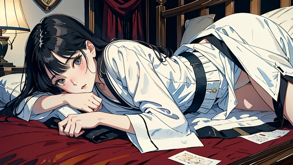 ((Watercolor by singer Sargent))、(highest quality、masterpiece)、Japanese woman lying on bed with open white shirt and twisted black skirt, japanese girl uniform,、JK Open Uniform, cute high school girl, School Uniform,small breasts、 realistic woman,