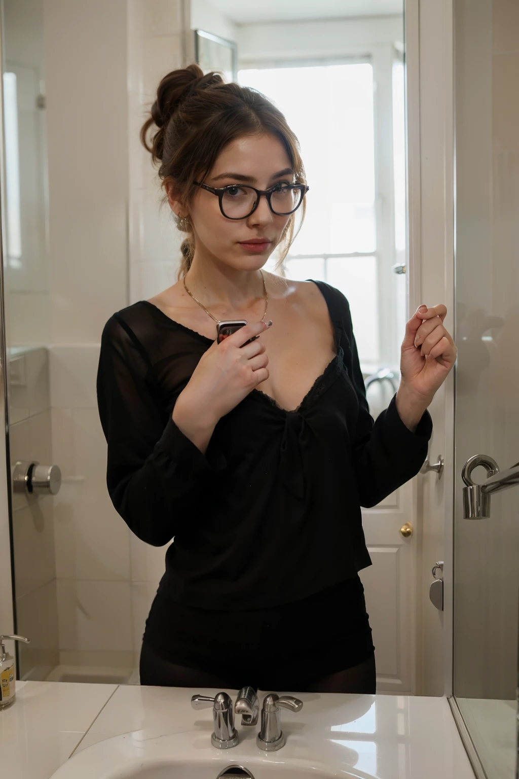 woman wearing full face on her phone in bathroom with glasses, in the style of hannah yata, elegantly formal --ar 9:16 --v 6.0