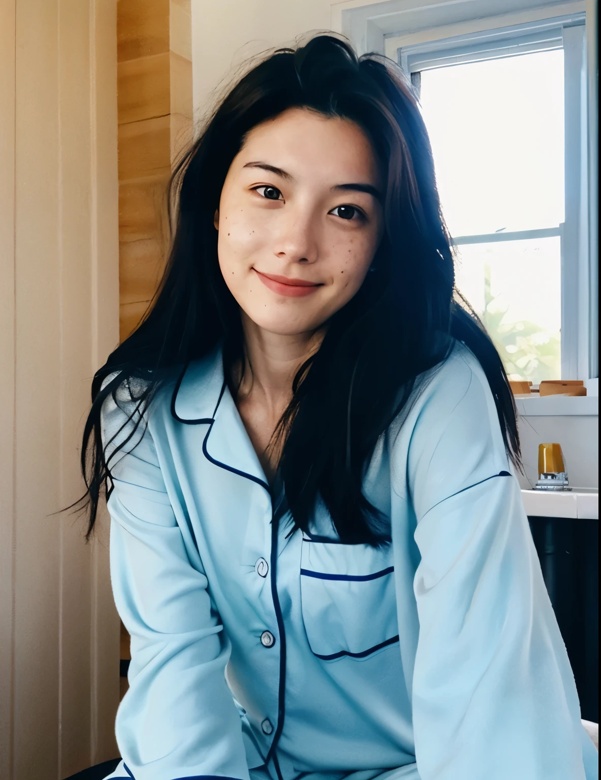 instagram selfie , a 23 year old gorgeous woman , slight smile , detailed skin face and eyes , natural lighting , at home , long hair, wearing cute pajamas , film grain, low contrast, natural face , freckles , black hair , blue eyes, dark circles under eyes