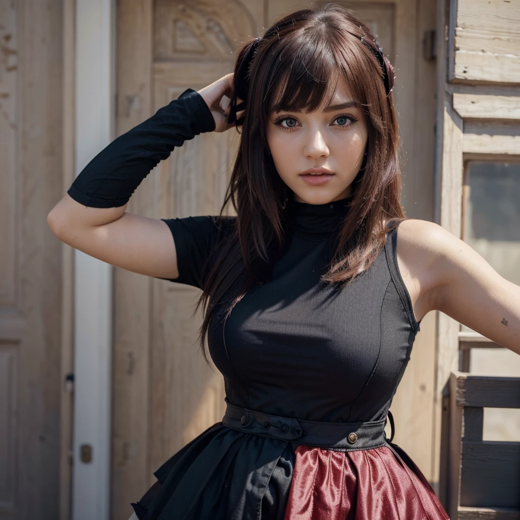 ((Best quality, 4k, Masterpiece)), 1girl, fit, beautiful and realistic, egirl, dyed hair, hair has bangs, fully dressed in egirl clothing