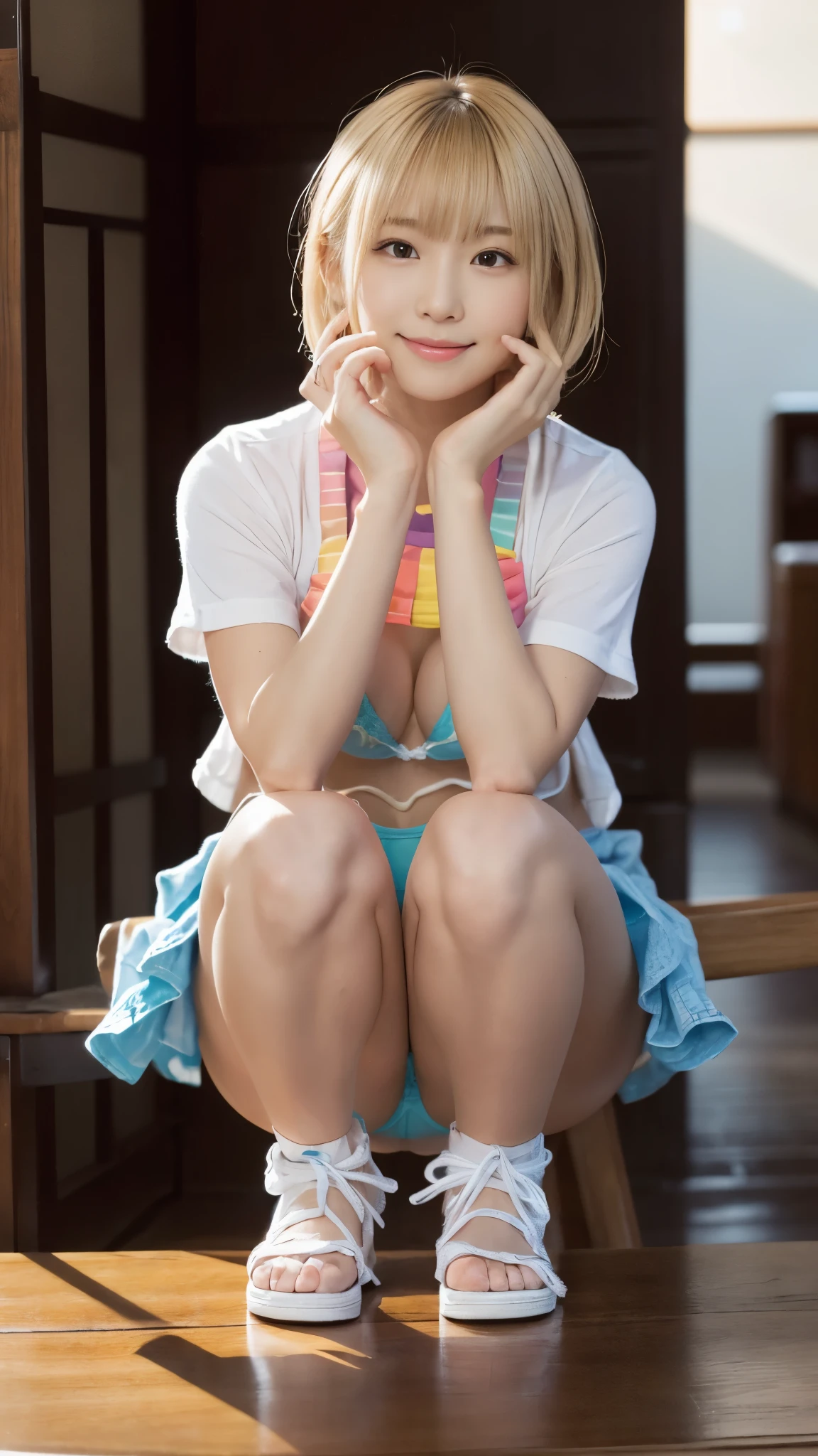 (A very cute 20 year old young woman from Japan), ((bright blonde delicate hair)), ((messy side wave short hair)),(((Slender and slender body type))),medium bust size、small breasts、 (((Clean hands))),(curly hair),(((very kind smile))), (((she wears random colored panties))),(((she is wearing a random colored bra))) ((top quality, 16K, table top: 1.3)), light shines on your face, highly detailed face, highly detailed lips, fine eyes,