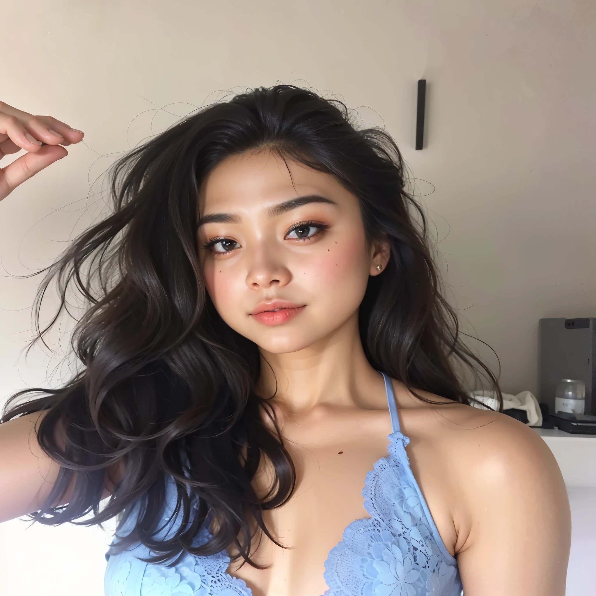 arafed woman in a blue bra top posing for a picture, beautiful Asian girl, asian features, beautiful asian woman, 18 anos de idade, Southeast Asian with round face, asian face, an Asian woman, half asian, Asian girl, Asian beautiful face, sem maquiagem cabelos ondulados, a young Asian woman, young cute wan asian face, Asian descent,  jennie blackpink 